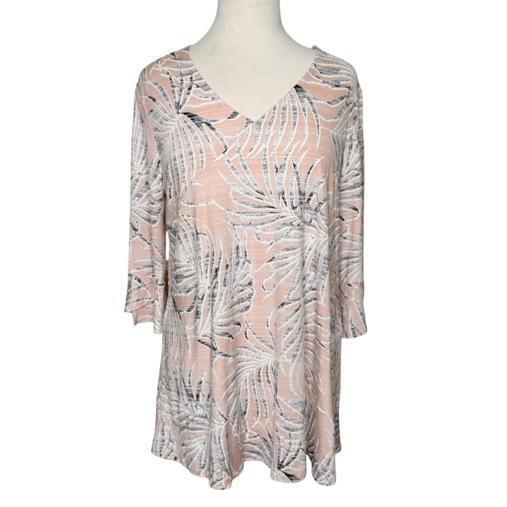 Clara Sun Woo Textured Slinky Knit Tunic Top 3/4 Bell Sleeve Blush Pink Size L